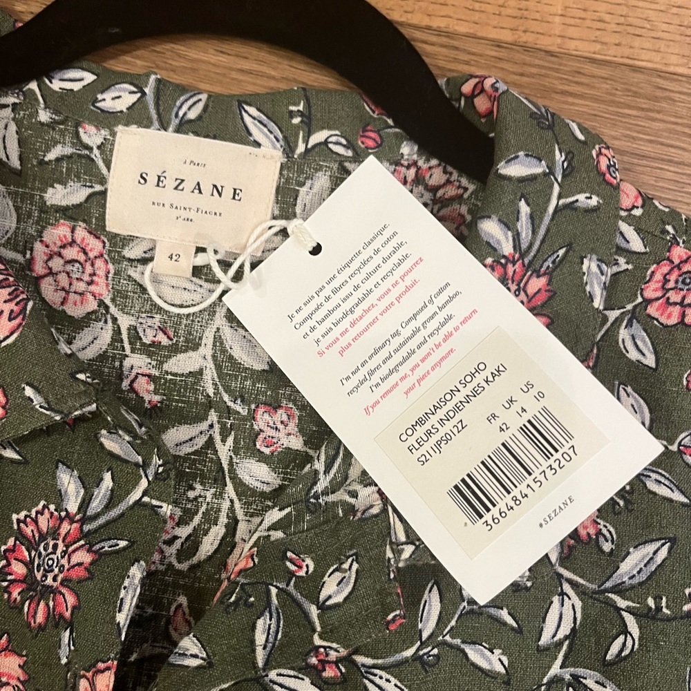 Sezane Olive Green Floral Short Jumpsuit with Pink Accents - Picture 8 of 8
